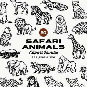50 Safari Animals Clipart Bundle | Jungle Animals Illustrations PNG, EPS & SVG | Cute Safari Doodle | Elephant - Lion - Giraffe