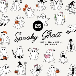May include: A set of 25 black and white cartoon ghost illustrations, each with different accessories such as hats, bows, and pumpkins. The words "Spooky Ghost" are written in a script font, with "SVG + PNG + EPS + PDF BUNDLE" below.