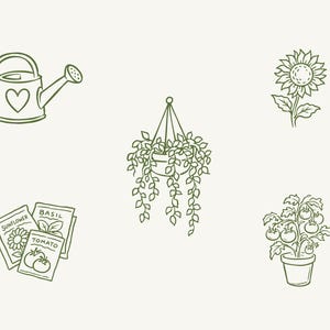 May include: A collection of olive green line art illustrations featuring a watering can with a heart, a hanging plant, a sunflower, a potted tomato plant, and three seed packets labeled Sunflower, Basil, and Tomato on a light background.