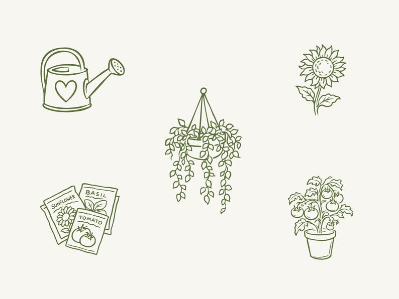 May include: A collection of olive green line art illustrations featuring a watering can with a heart, a hanging plant, a sunflower, a potted tomato plant, and three seed packets labeled Sunflower, Basil, and Tomato on a light background.