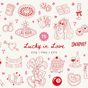 May include: A collection of red line art illustrations featuring casino and wedding themes, including a bride, slot machine, playing cards, dice, champagne, and the text Lucky in Love, Viva Las Vegas, Jackpot, and Bride to Be on a light background.