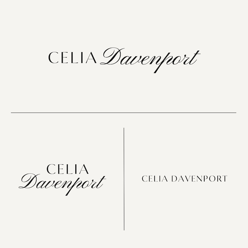 May include: A minimalist design featuring the name "CELIA Davenport" in elegant, contrasting fonts. The design includes variations of the name, with a serif font for "CELIA" and a flowing script for "Davenport", set against a neutral background.