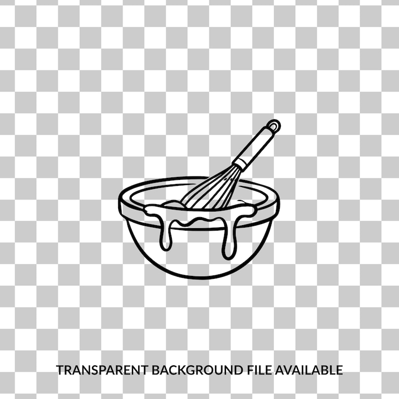 Puede incluir: Ilustraci&oacute;n en blanco y negro de un cuenco con masa goteando por el lateral y un batidor dentro. El texto "TRANSPARENT BACKGROUND FILE AVAILABLE" est&aacute; en la parte inferior.