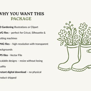 May include: A digital file package titled WHY YOU WANT THIS PACKAGE featuring a list of 50 gardening illustrations, SVG, PNG, and EPS file formats, and a green line art graphic of two rain boots filled with various flowers and foliage.