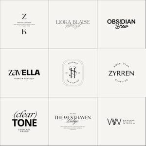 May include: Nine minimalist logos on a cream background. The logos feature text in various fonts, including "Z Fashion Designer," "Liora Blaise Astrologist," "Obsidian Brew," "Zavella Fashion Boutique," "Solenne Hair Salon," "Zyrren Clothing," "(clear) Tone Skincare Brand," "The Westhaven Lodge," and "Woodand Willow Interiors."