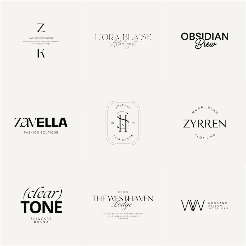 May include: Nine minimalist logos on a cream background. The logos feature text in various fonts, including "Z Fashion Designer," "Liora Blaise Astrologist," "Obsidian Brew," "Zavella Fashion Boutique," "Solenne Hair Salon," "Zyrren Clothing," "(clear) Tone Skincare Brand," "The Westhaven Lodge," and "Woodand Willow Interiors."