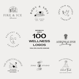 Peut inclure: Une collection de 100 logos de bien-être, modifiables dans Canva. Les logos présentent des dessins au trait pour les entreprises de yoga, de spa, de pilates et de soins de la peau. L'image comprend des logos pour sauna, studio de yoga, coaching, soins de la peau, aromathérapie et spa.
