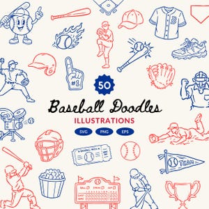 Puede incluir: Ilustraciones de béisbol en rojo y azul, con bates, pelotas, jugadores y un boleto. El texto incluye "Baseball Doodles" e "Illustrations".