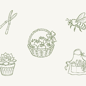 May include: A collection of olive green line art illustrations featuring a pair of garden shears, a woven basket filled with tomatoes, a flying bee, a potted succulent, and an apron containing gardening tools and a small floral arrangement.