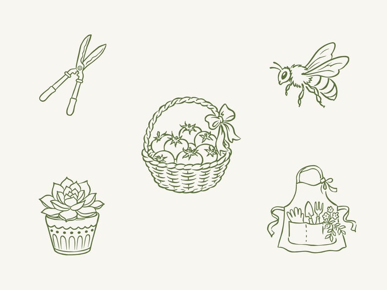 May include: A collection of olive green line art illustrations featuring a pair of garden shears, a woven basket filled with tomatoes, a flying bee, a potted succulent, and an apron containing gardening tools and a small floral arrangement.