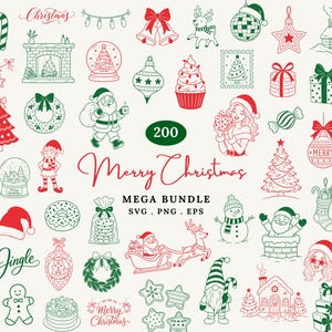 May include: A digital collection of 200 red and green Christmas-themed line art illustrations including Santa Claus, reindeer, ornaments, gifts, trees, and festive text reading Merry Christmas Mega Bundle SVG PNG EPS.