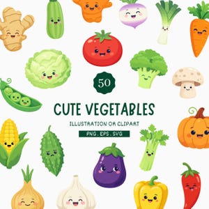 Könnte beinhalten: Eine farbenfrohe Illustration mit verschiedenen Cartoon-Gemüsesorten mit lächelnden Gesichtern, darunter eine Tomate, eine Karotte und Brokkoli. Der Text "CUTE VEGETABLES" wird darunter angezeigt, zusammen mit "ILLUSTRATION OR CLIPART" und Dateitypoptionen.