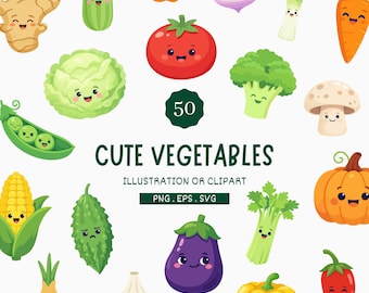 50 ilustraciones digitales de verduras lindas / Clipart de verduras kawaii SVG / Adorables verduras PNG / Amigos vegetales lindos / Pegatinas de verduras