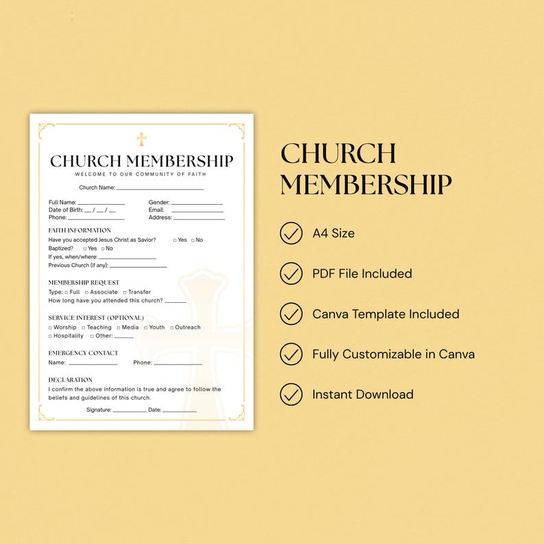 Op de afbeelding: Een A4-formaat kerk lidmaatschapsformulier met een gouden rand. Het formulier bevat velden voor persoonlijke gegevens, geloofsinformatie en interesses. De tekst bevat ook PDF-bestand, Canva-sjabloon en direct downloaden.