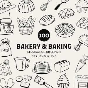 May include: A black and white illustration featuring bakery and baking elements. Includes a mixing bowl, whisk, bread, pie, cupcakes, and the text "BAKERY & BAKING".