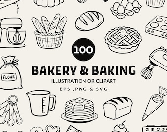 Puede incluir: Ilustración en blanco y negro de artículos de panadería y repostería. Incluye un bol, un batidor, pan, tarta, magdalenas y el texto "BAKERY & BAKING".