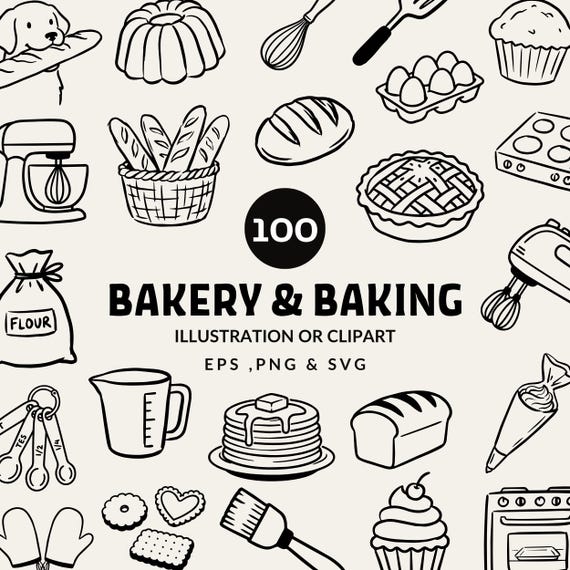 100 Baking Clipart Bundle | Baking Illustrations SVG, PNG & EPS | Cake and Pastry Doodle | Baking drawings | Bakery Shop Icons