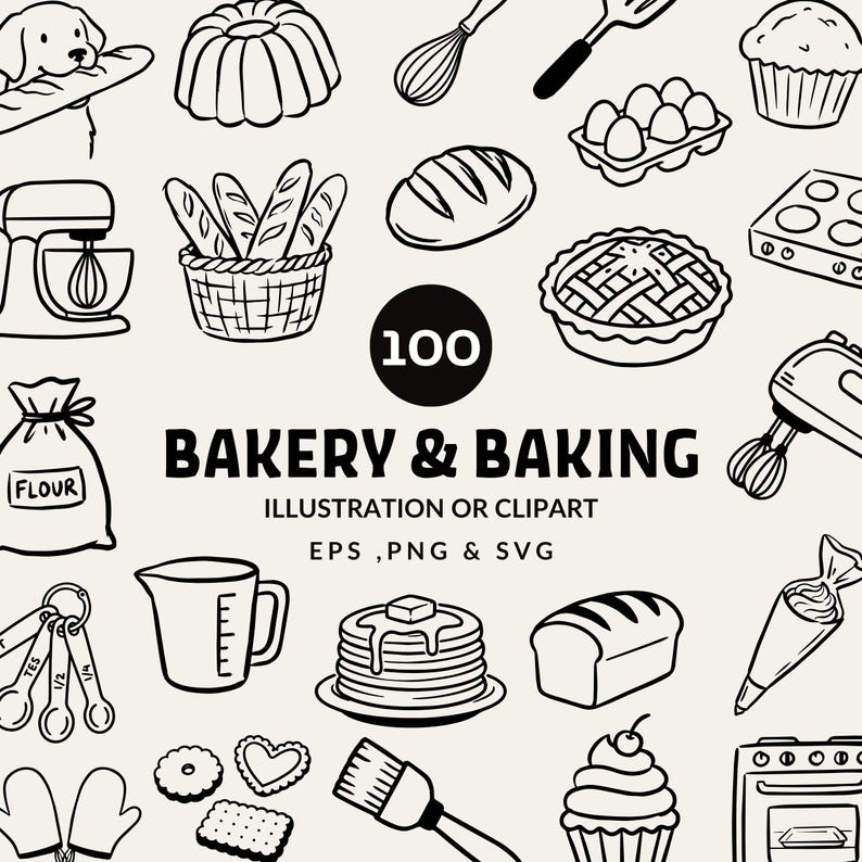 Puede incluir: Ilustraci&oacute;n en blanco y negro de art&iacute;culos de panader&iacute;a y reposter&iacute;a. Incluye un bol, un batidor, pan, tarta, magdalenas y el texto "BAKERY & BAKING".