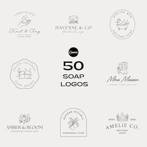 May include: A collection of 50 soap logos in a minimalist style. The logos feature line art illustrations of soap bars, hands, bathtubs, and botanical elements. The text "50 SOAP LOGOS" is prominently displayed.
