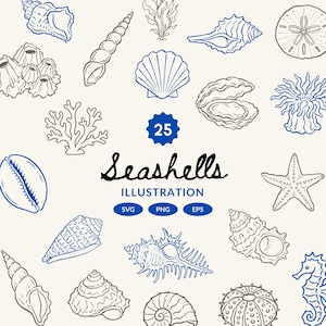 May include: An illustration featuring various seashells in blue and gray outlines on a cream background. The word "Seashells" is written in a cursive font, with "ILLUSTRATION" below it. Includes SVG, PNG, and EPS file options.