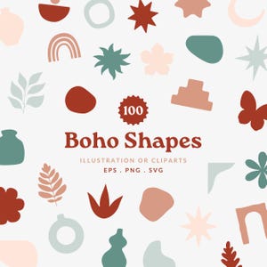 Puede incluir: Una colección de 100 ilustraciones y cliparts de formas bohemias en varios colores y diseños. Las formas incluyen estrellas, flores, arcos y formas abstractas. El texto "Boho Shapes" se muestra en marrón.
