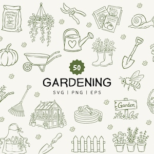 Puede incluir: Una colección de 50 ilustraciones de línea con temática de jardinería en verde oscuro sobre un fondo claro. El conjunto incluye iconos de invernadero, carretilla, regadera, pala, rastrillo, plantas en maceta, semillas, insectos y el texto 50 GARDENING SVG PNG EPS.