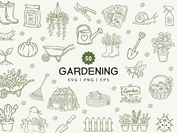 50 Garden Clipart Bundle | Gardening Illustration SVG , PNG & EPS | Garden Line Art |  Floral Gardening Doodle Graphics