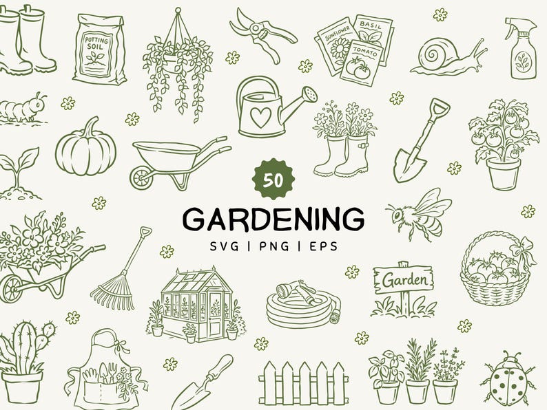 May include: A collection of 50 gardening-themed line art illustrations in dark green on a light background. The set includes icons of a greenhouse, wheelbarrow, watering can, shovel, rake, potted plants, seeds, insects, and the text 50 GARDENING SVG PNG EPS.