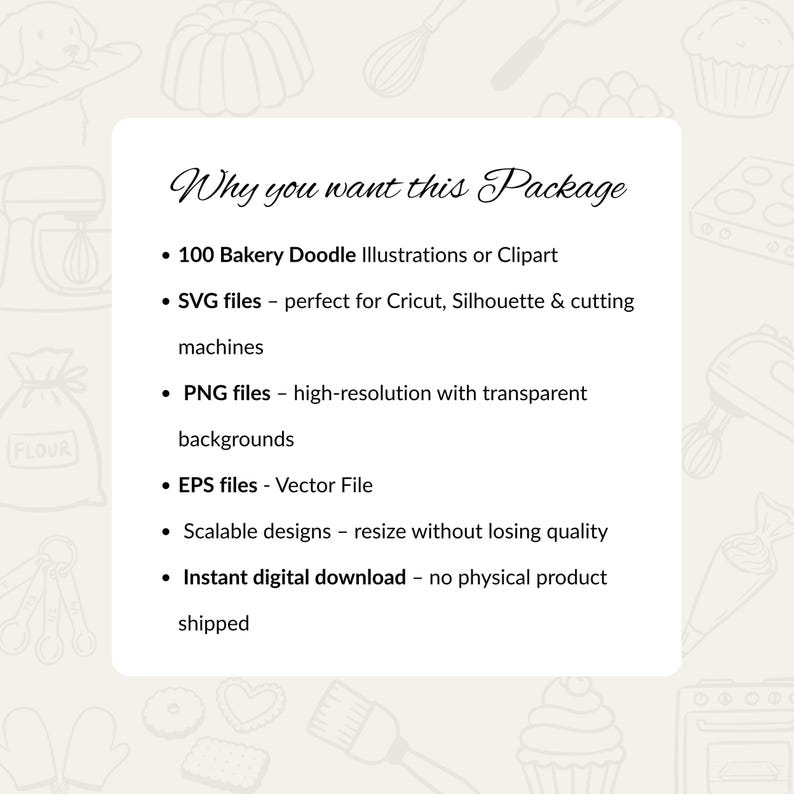 Puede incluir: Un listado de producto digital con el texto Why you want this Package, que incluye 100 ilustraciones o cliparts de panader&iacute;a, archivos SVG, PNG, EPS, dise&ntilde;os escalables e informaci&oacute;n sobre descarga digital instant&aacute;nea.