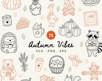 75 Herbst-Cliparts im Bundle | Herbstillustrationen (SVG, PNG & EPS) | Gemütliche Herbst-Linienzeichnungen | Herbstliche Kritzeleien