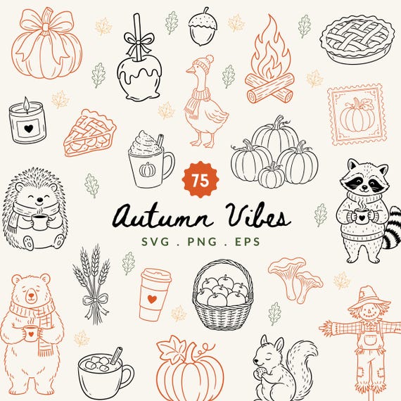 75 Hand Drawn Autumn Clipart Bundle | Autumn Illustration SVG , PNG & EPS | Cozy Autumn Lineart Graphics | Fall Season Doodles