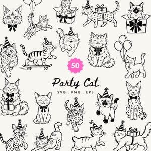 Paquete de 50 imágenes prediseñadas de gatos fiesteros / Ilustración de fiesta de cumpleaños en formato SVG, PNG y EPS / Dibujos lineales de gatos / Gato con sombrero / Animales de fiesta