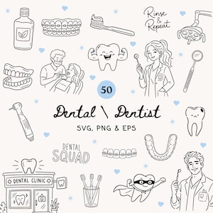 歯科関連クリップアート50点セット | 歯科医イラスト（SVG、PNG、EPS形式） | 歯のSVG | 歯科助手 | ヘルスケアデザイン | 歯科医SVG
