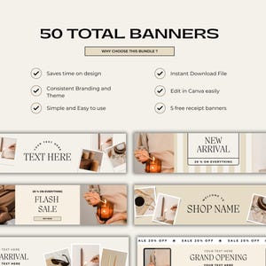 May include: A promotional graphic with the text "50 TOTAL BANNERS" and various banner designs. The banners include text placeholders, sale announcements, and shop branding elements. The image also highlights key features like instant download and easy editing.