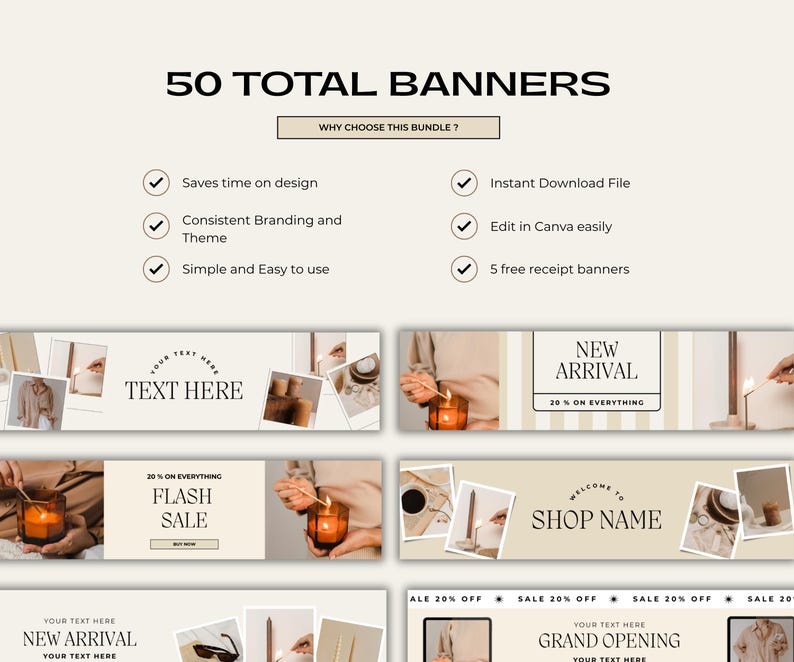 May include: A promotional graphic with the text "50 TOTAL BANNERS" and various banner designs. The banners include text placeholders, sale announcements, and shop branding elements. The image also highlights key features like instant download and easy editing.
