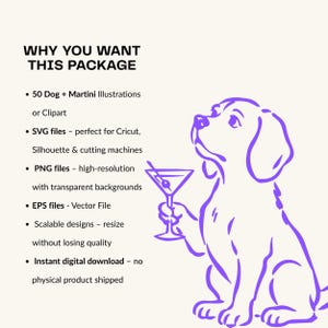 May include: A digital graphic featuring a purple line art illustration of a dog holding a martini glass. The text reads: WHY YOU WANT THIS PACKAGE, 50 Dog + Martini Illustrations or Clipart, SVG files, PNG files, EPS files, Scalable designs, Instant digital download.