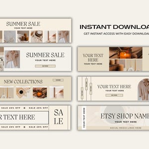 May include: A collection of beige and cream-colored Etsy shop banners with text overlays. The banners feature the phrases "Summer Sale", "New Collections", and "Sale". The image also includes the text "Instant Download" and "Etsy Shop Name".