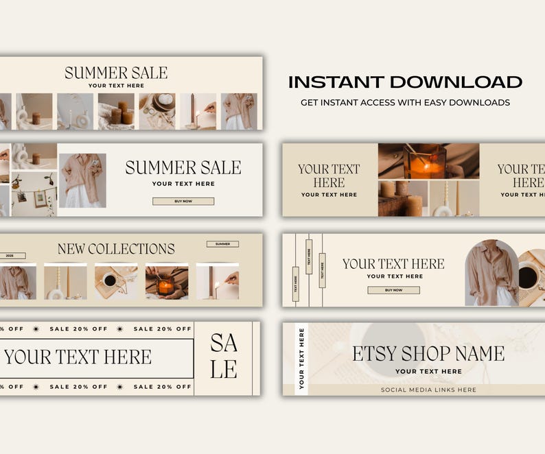 May include: A collection of beige and cream-colored Etsy shop banners with text overlays. The banners feature the phrases "Summer Sale", "New Collections", and "Sale". The image also includes the text "Instant Download" and "Etsy Shop Name".
