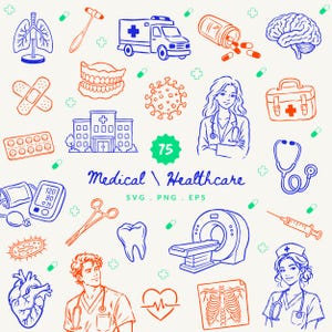 75 Medical Clipart Bundle | Healthcare Illustration SVG, PNG & EPS | Medicine, Hospital, Sanitizer, Healthcare, Nurse, Doctor Lineart Doodle