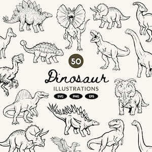 May include: A collection of black and white dinosaur illustrations. The image showcases different dinosaur species, such as a T-Rex, Stegosaurus, and Triceratops. The text "50 Dinosaur Illustrations" is visible, alongside file type indicators: SVG, PNG, and EPS.