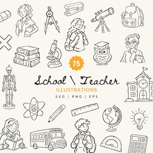 Puede incluir: Una colección de ilustraciones de arte lineal en blanco y negro con temas escolares y de maestros, que incluye un autobús escolar, un globo terráqueo, un microscopio, un telescopio, libros, un esqueleto, una calculadora, una regla y figuras.