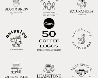 50 Premade Coffee Logos | Customizable Barista Logo | Minimal Logo | Matcha Logos | Retro Cafe & Coffeehouse logos | Herbal Tea Logo | Canva