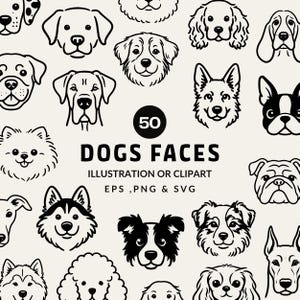 50 psich pysków Clipart | Psie ikony liniowe SVG, PNG i EPS | Ilustracja rasy psa | Psie pyski
