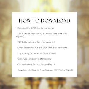 Op de afbeelding: Witte rechthoekige afbeelding met de tekst "HOW TO DOWNLOAD" in een vetgedrukte letter. Punten hieronder beschrijven de instructies voor het downloaden en gebruiken van een PDF-sjabloon, inclusief Canva-aanpassing.