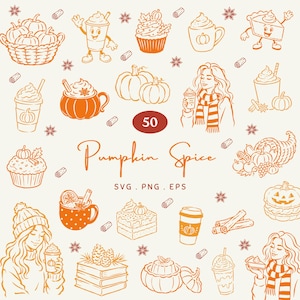 May include: A collection of orange line art illustrations featuring pumpkins, coffee cups, cupcakes, cinnamon sticks, star anise, and people in scarves. The central text reads 50 Pumpkin Spice SVG . PNG . EPS, showcasing various autumn-themed graphic elements.