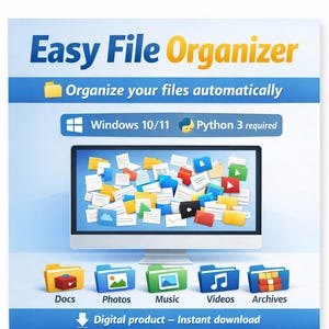 May include: A promotional image for "Easy File Organizer." The image features a computer monitor displaying colorful file icons. Below the monitor are icons for Docs, Photos, Music, Videos, and Archives. The text indicates it's a digital product for Windows 10/11, requiring Python 3.