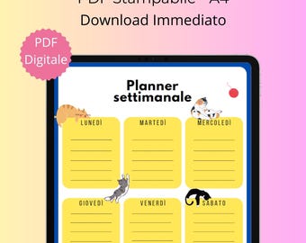 Agenda hebdomadaire avec chats – PDF imprimable A4 | Agenda numérique mignon | Agenda italien téléchargeable dès maintenant