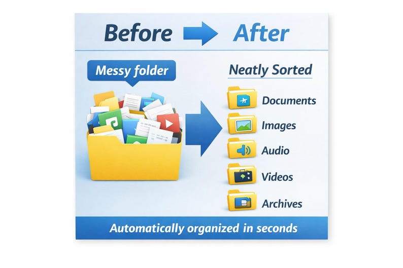 Peut inclure: Illustration de l'organisation de fichiers. Un dossier jaune "Messy folder" d&eacute;borde de documents, se transformant en dossiers tri&eacute;s : "Documents", "Images", "Audio", "Vid&eacute;os", et "Archives". Les mots "Avant" et "Apr&egrave;s" sont pr&eacute;sents.