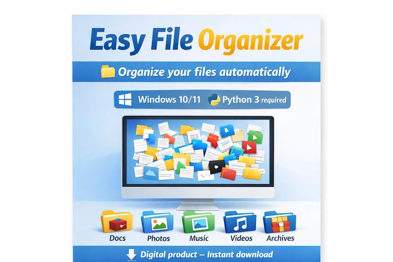 Peut inclure: Image promotionnelle pour "Easy File Organizer". L'image pr&eacute;sente un &eacute;cran d'ordinateur affichant des ic&ocirc;nes de fichiers color&eacute;es. En dessous, des ic&ocirc;nes pour Docs, Photos, Musique, Vid&eacute;os et Archives. Le texte indique un produit num&eacute;rique pour Windows 10/11, n&eacute;cessitant Python 3.