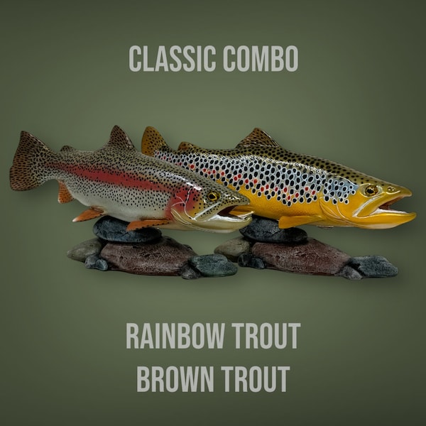 Combo Trout Sculptures, Rainbow Trout & Brown Trout pair, Flyfishing, Fly Tying, Taxidermy, Art, Home Decor, Cabin, Gift, Graduation